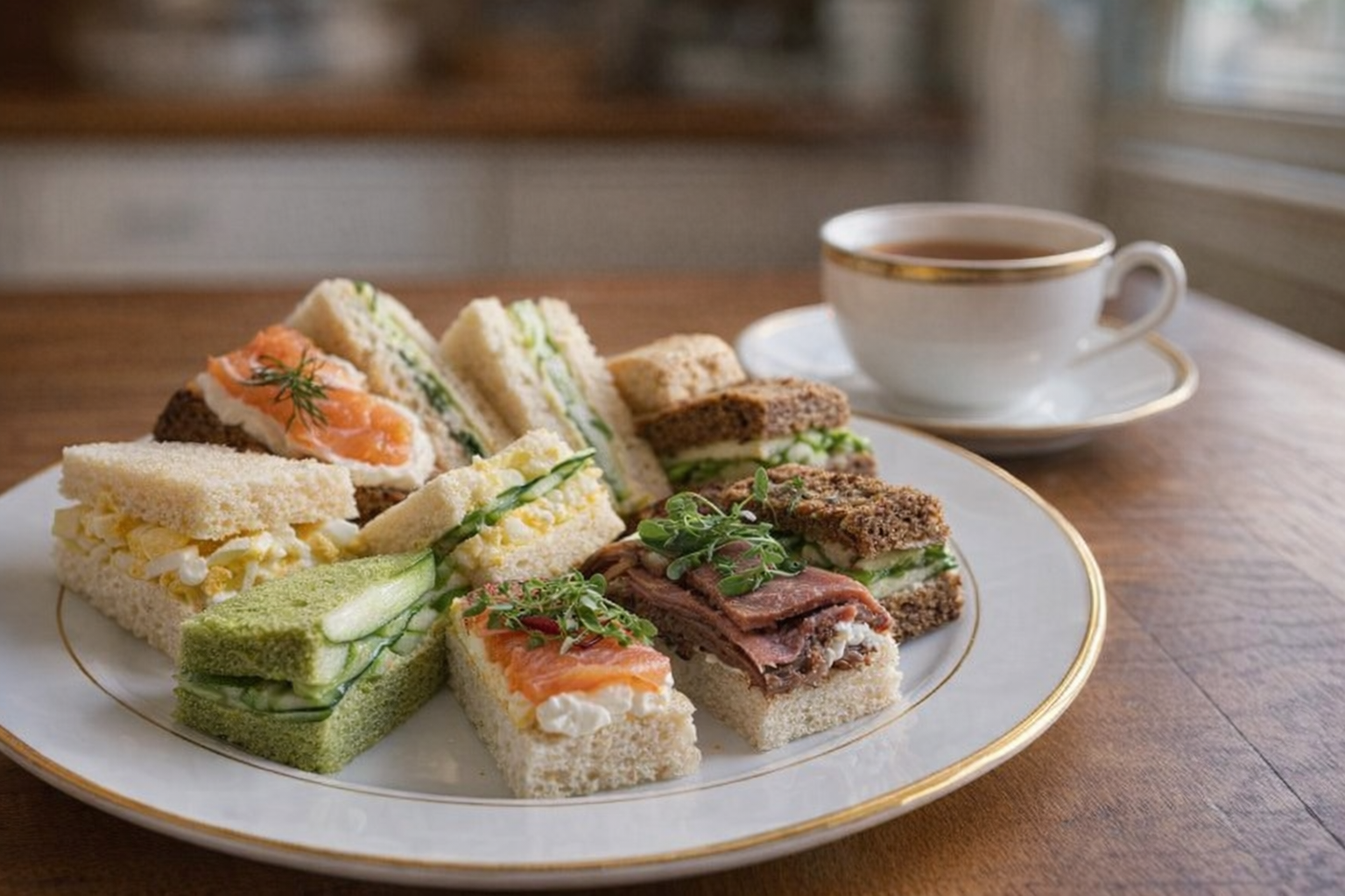 A close-up shot of a plated tea sandwich assortment with a small cup of tea, showcasing elegant presentation and contrasting colors, warm indoor lighting